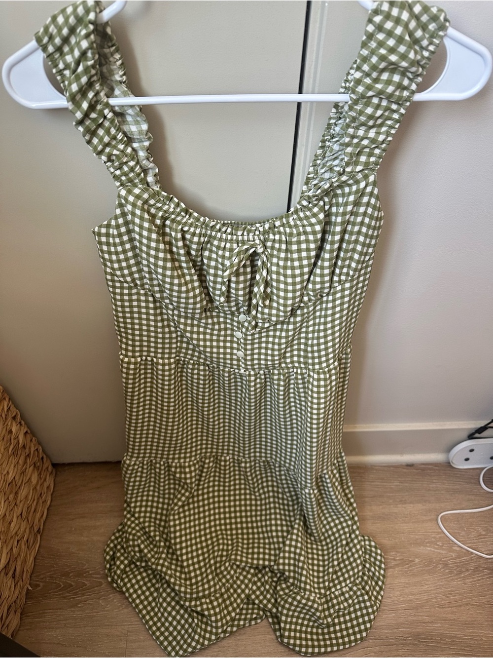 Green gingham tiered midi dress